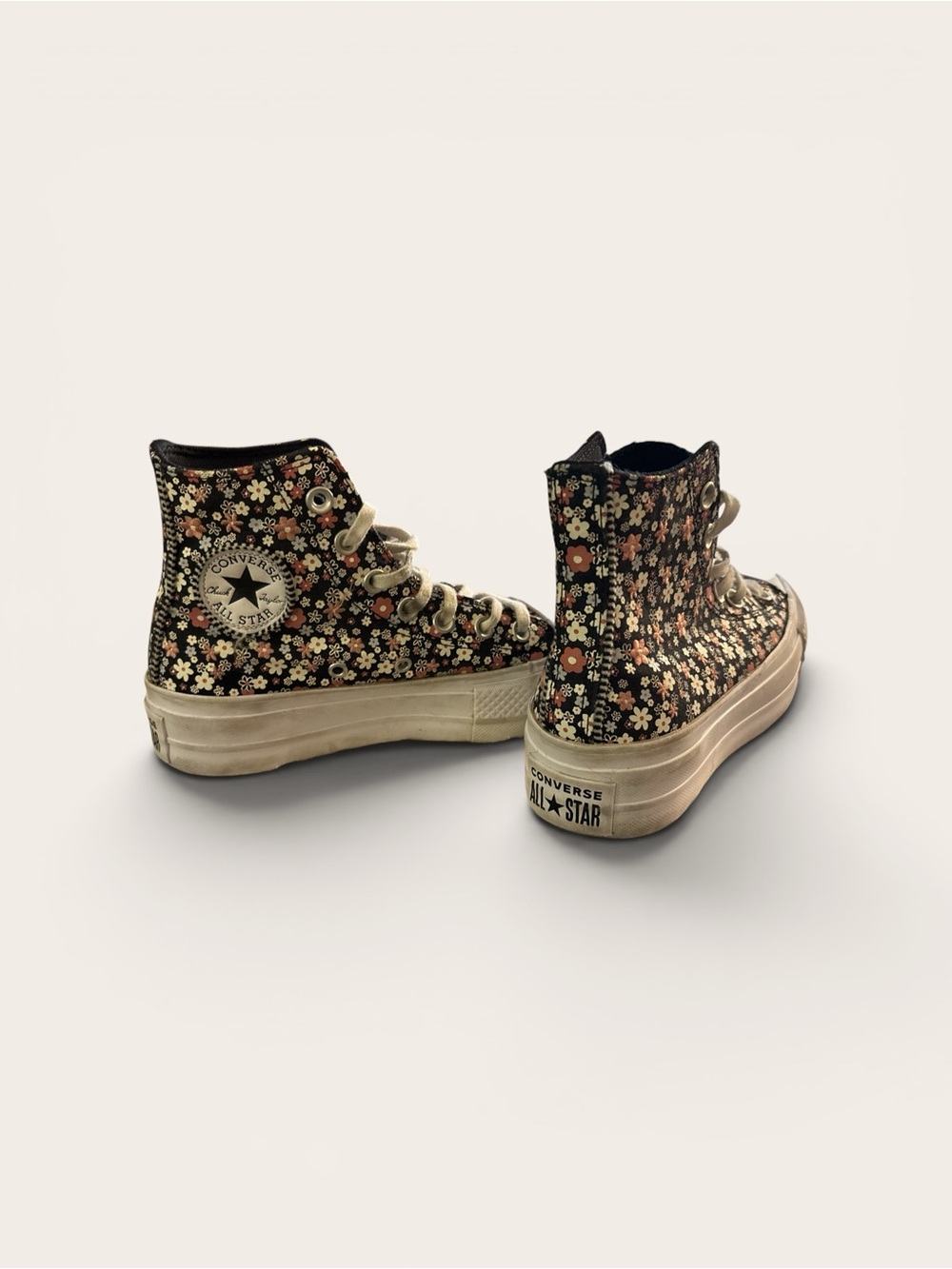 Converse Platform High Top Sneakers - Black & Pink Floral Embroidery and Print